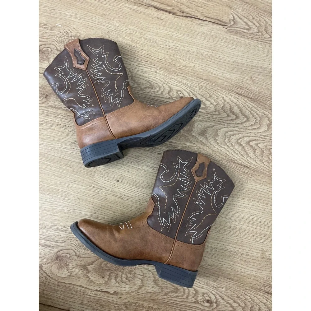 Wonder Nation Western Cowboy Boots Kids Size 1 Brown Contrast Stitch Square Toe